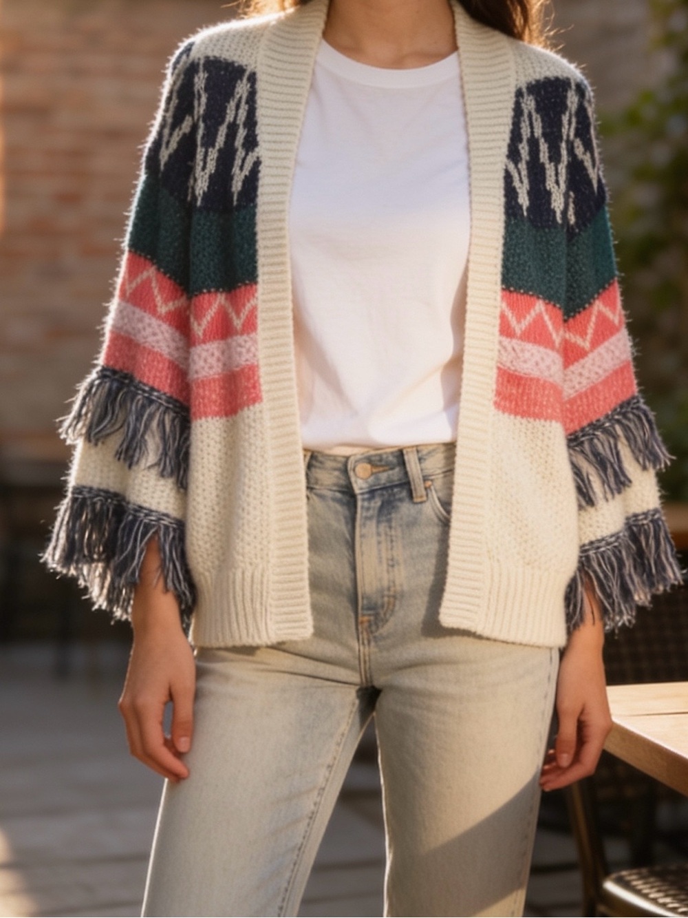 Kids Cat & Jack Cream Cardigan with Coral, Teal & Navy Fringe